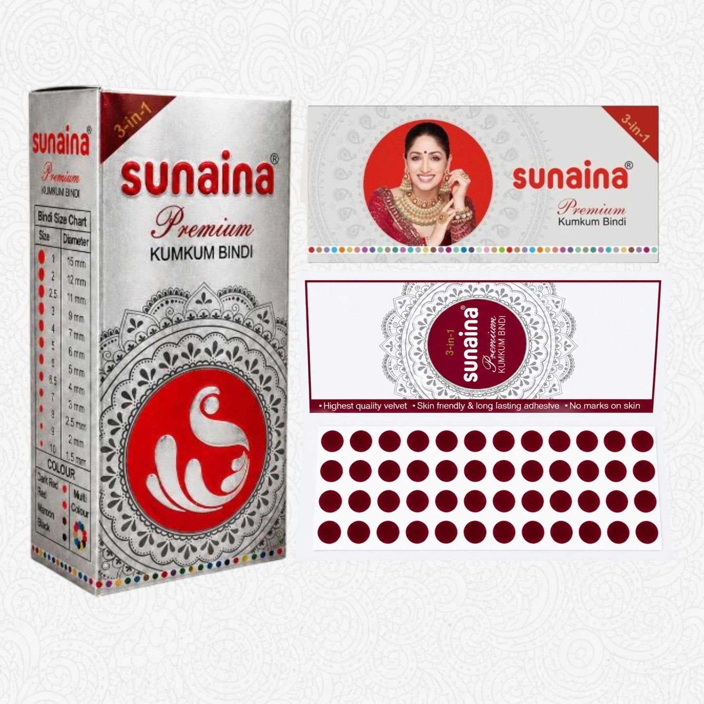 Sunaina New Premium Maroon Velvet Bindi 7mm Pack 1 Bindi Box  With 15 Cards (Size-4)
