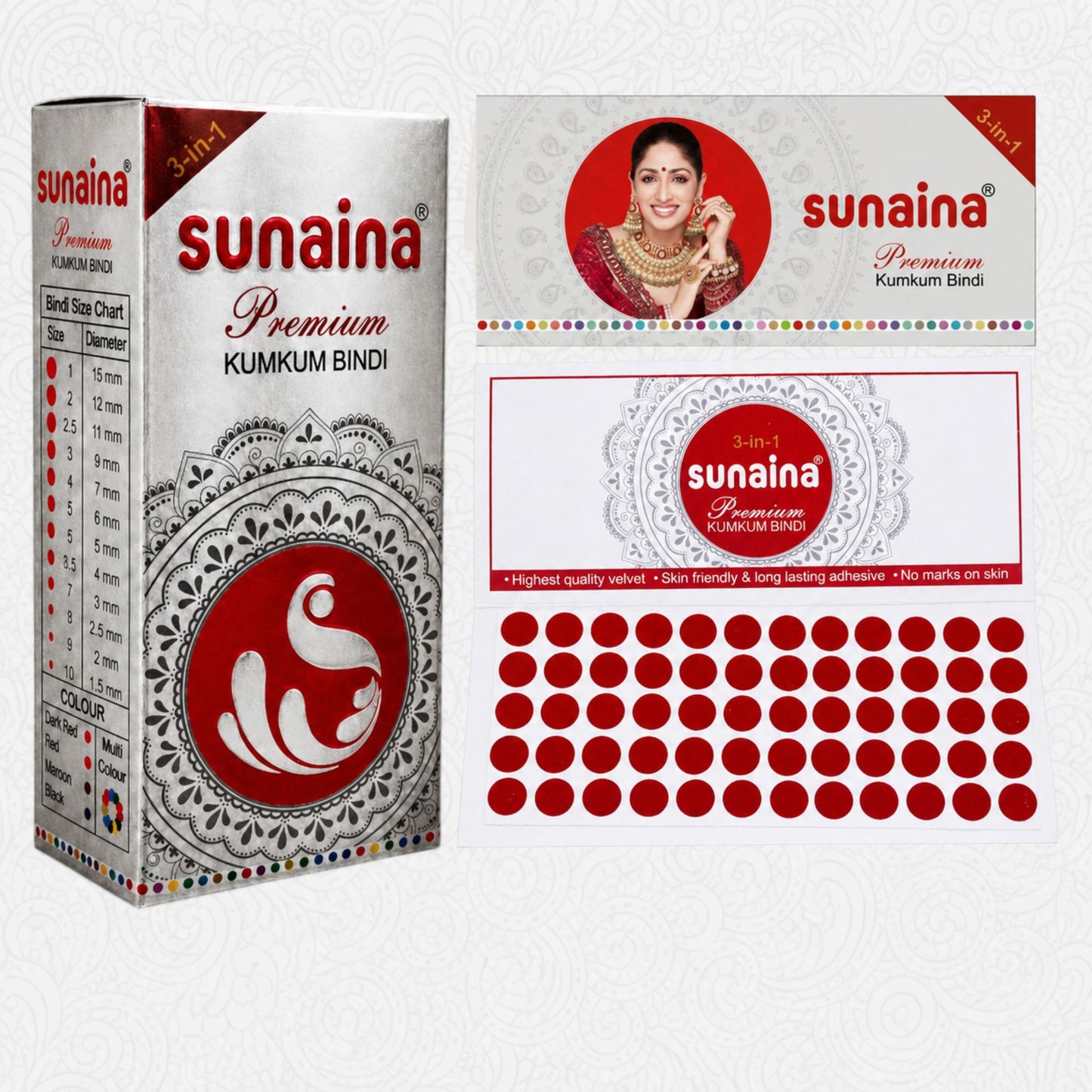 SUNAINA New Premium Deep Red Bindi, 7mm, Pack of 1 Silver Sticker Box With 15 Cards