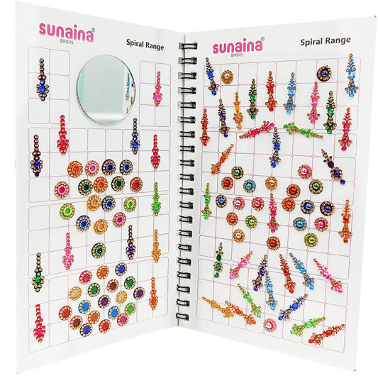 Sunaina Spiral Multicolor Mix Size Mix Designer Assorted Velvet Golden stone Round Long Sparkle Bindi Book