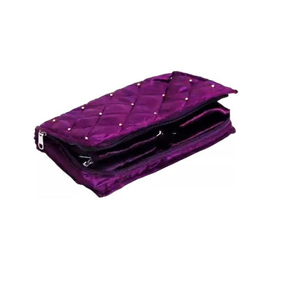 Sunaina Makeup Dark Purple Satin Embroidery Pouch for Jewelry Accessories