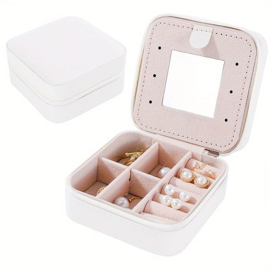 Square White Jewelry Organizer Box with Mirror for Rings, Earring, Necklace